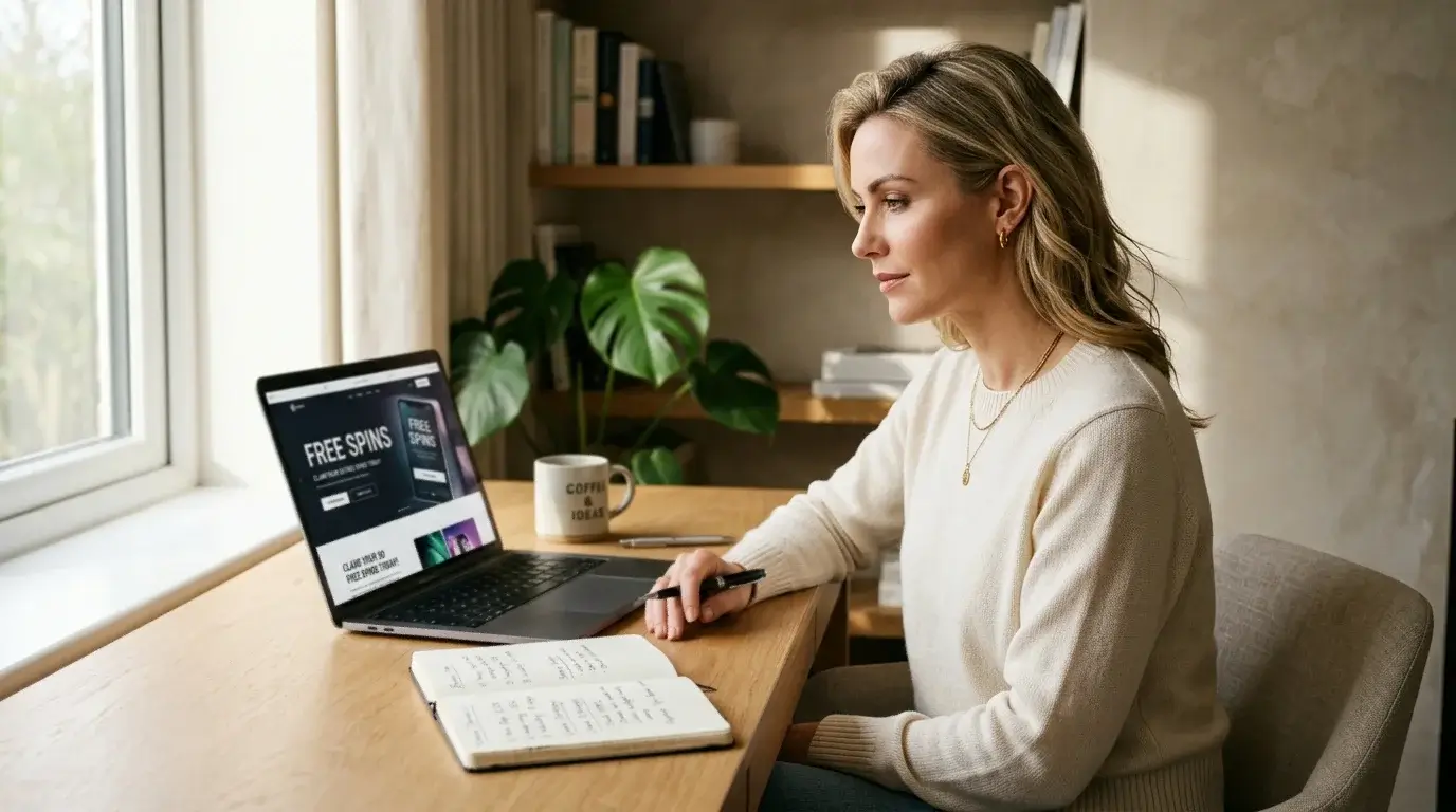 A player seated at a laptop reviewing a free-spins promotional page with a notebook open beside