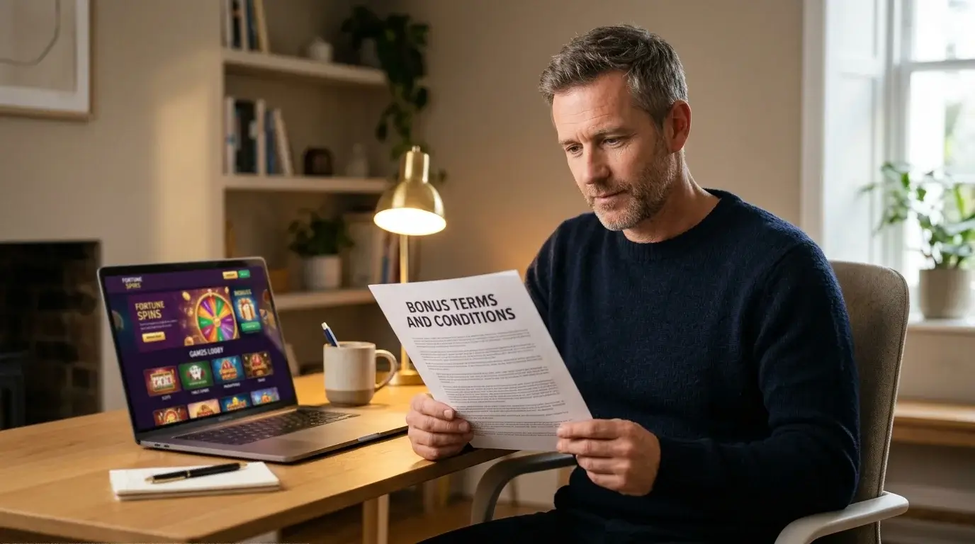 A focused player at a desk reading printed bonus terms next to a laptop displaying a casino lobby