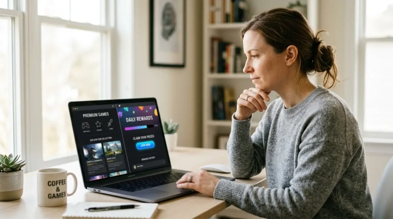 Person seated at a laptop comparing two casino interfaces shown side by side on the screen