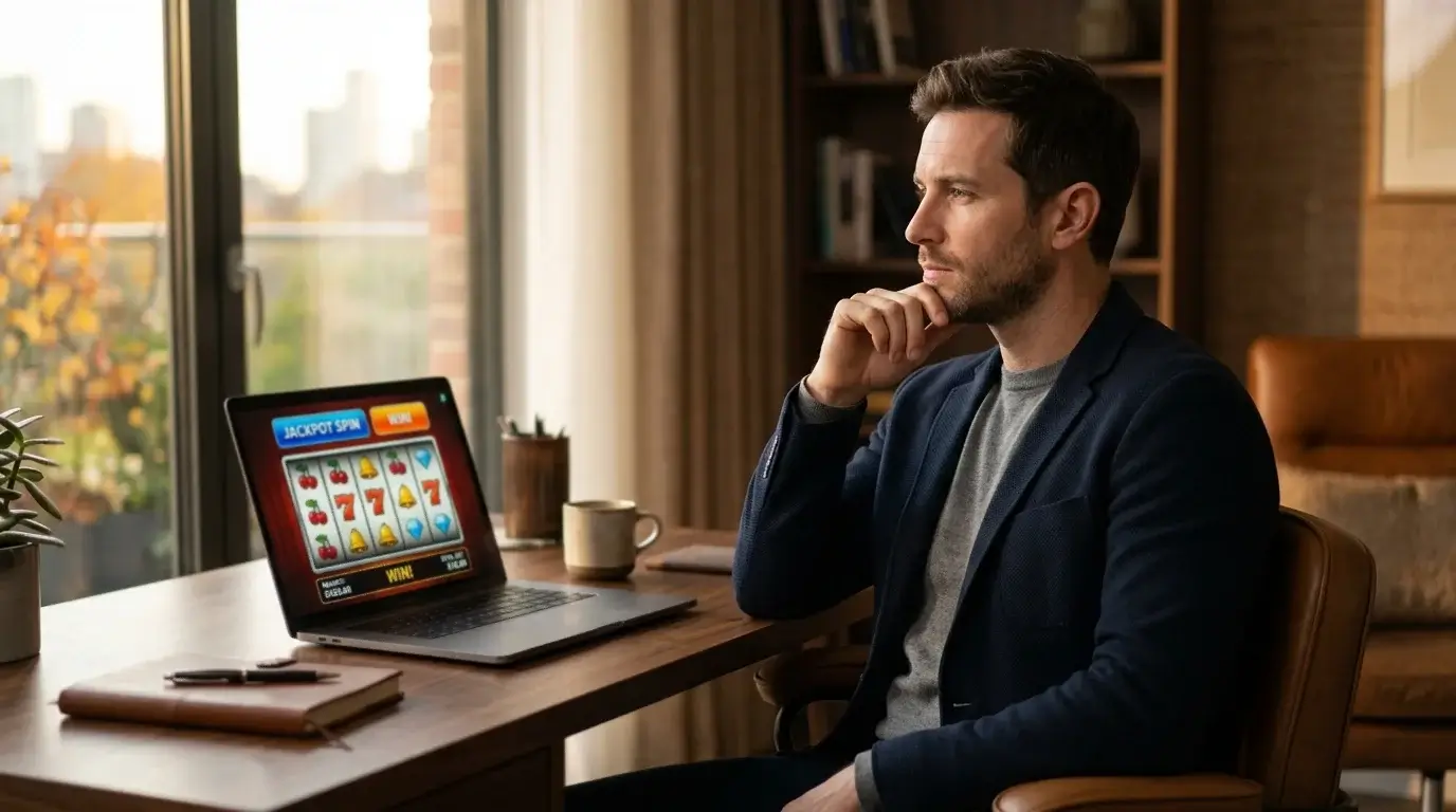 Adult player sitting back from a laptop screen with a contemplative expression, hand resting on chin