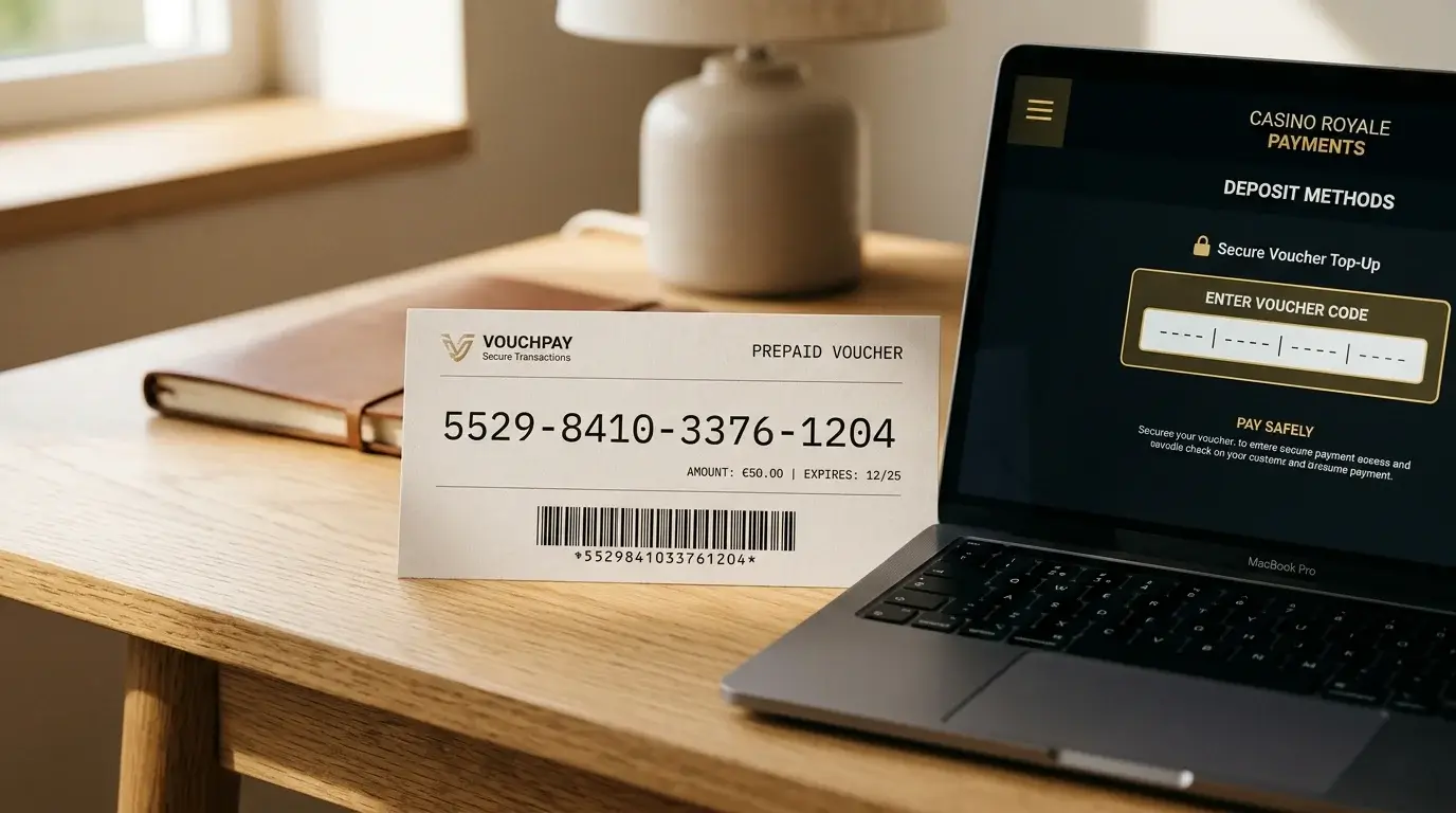 Prepaid voucher with a redemption code being entered into an offshore casino cashier as a one-way deposit method