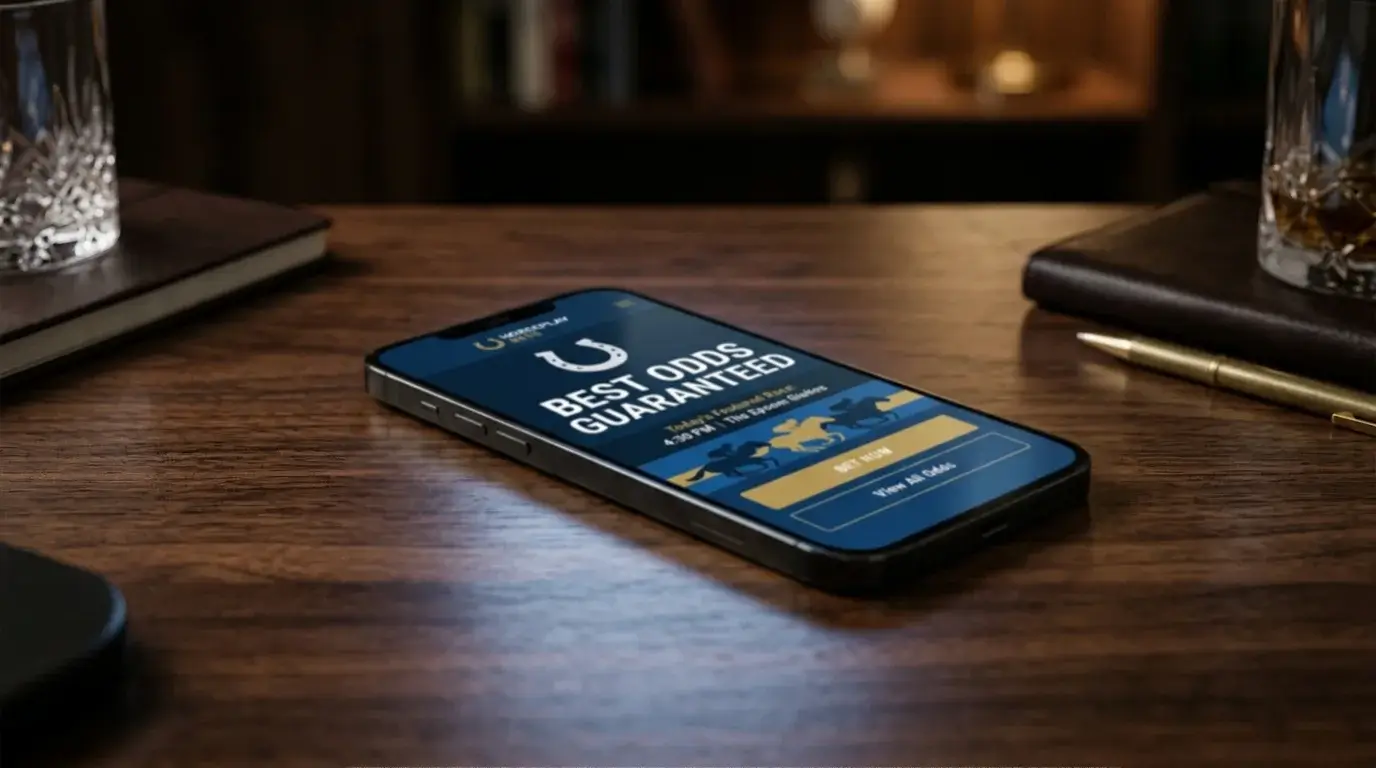 Mobile phone screen showing a stylised racebook best odds guaranteed promotion banner