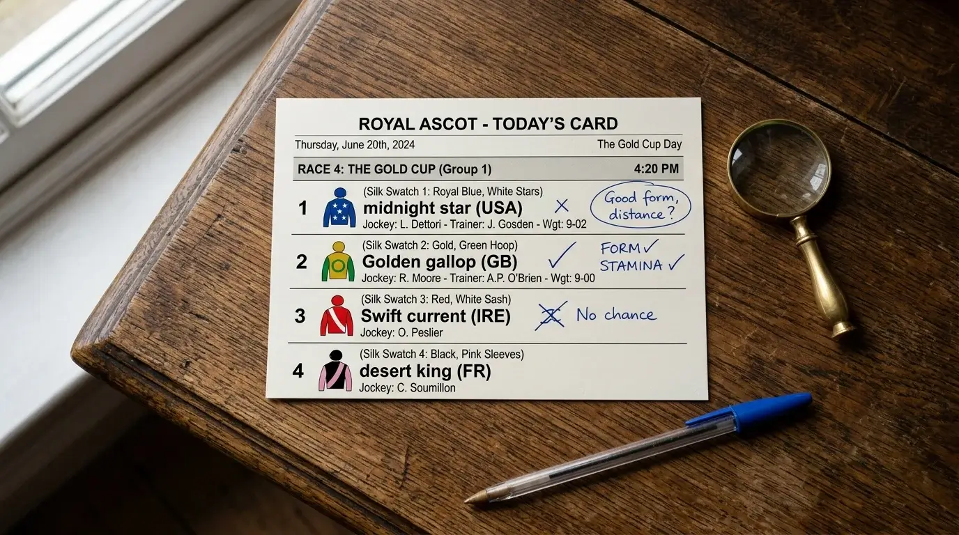 Printed paper racecard on a wooden desk with pen-marked entries and a small magnifying glass