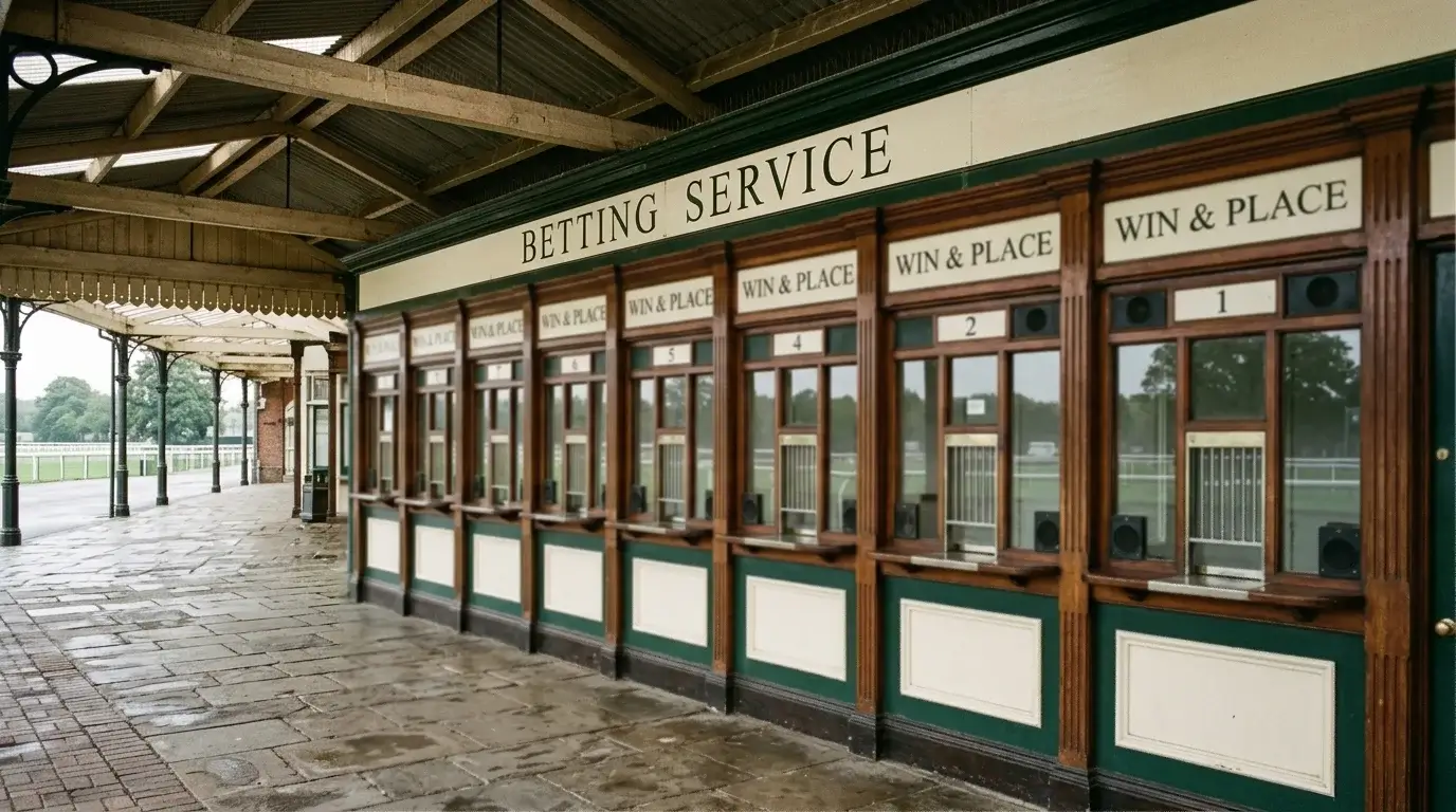 Empty racecourse tote window booths under cover with overhead signage in soft daylight
