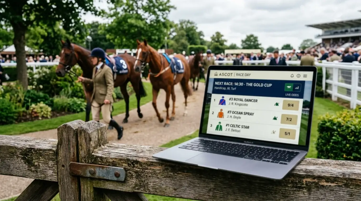 Open laptop on a railing with a paddock view of horses parading in soft focus behind