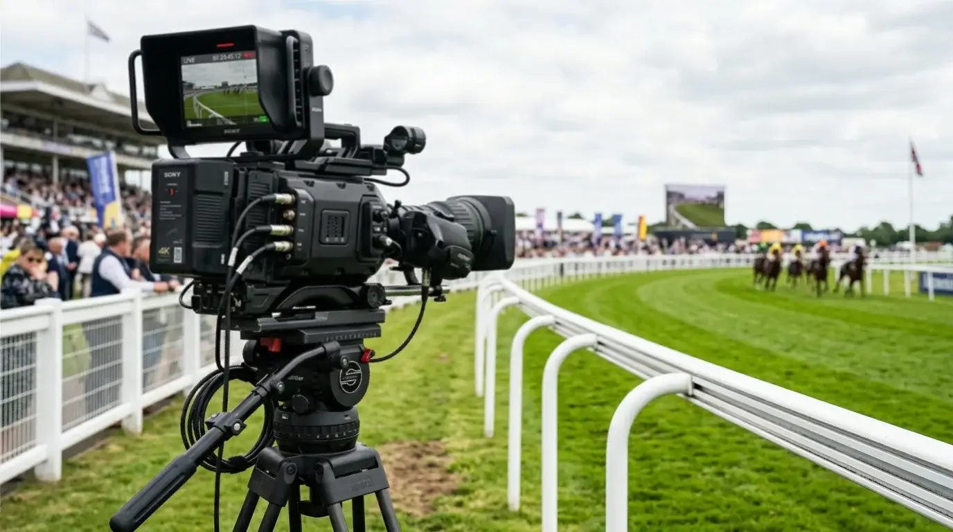 Trackside broadcast camera on tripod overlooking the racecourse straight at meeting time
