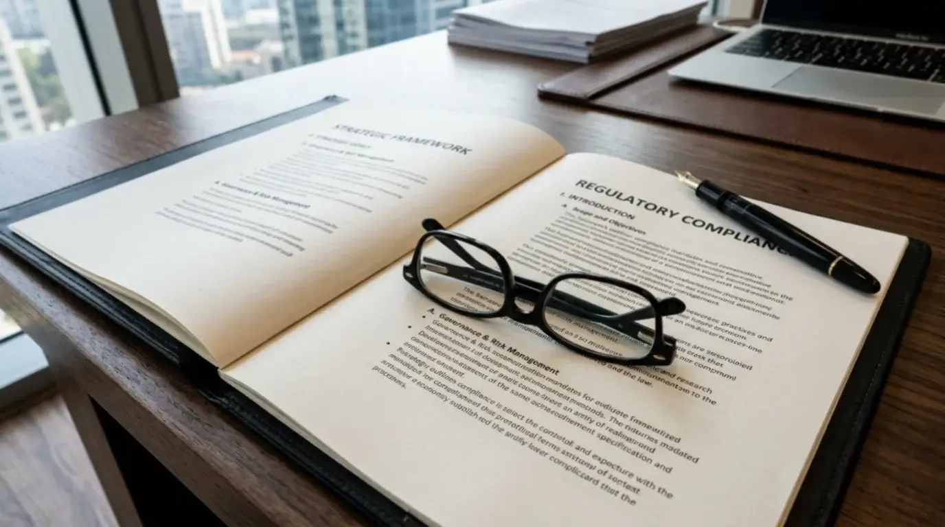 Printed regulatory policy paper on a desk with reading glasses and a fountain pen