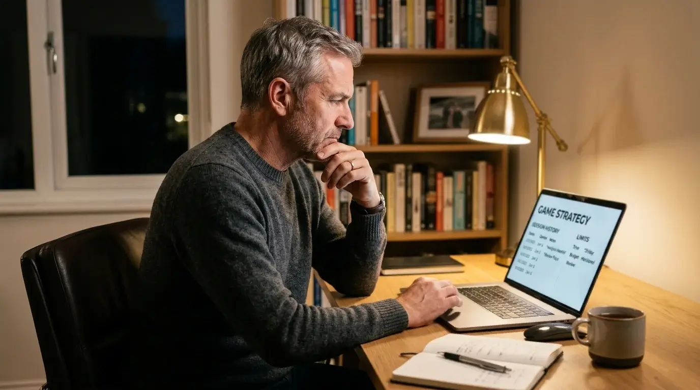 A thoughtful adult sitting at a desk with one hand on the chin and a casino lobby visible on the laptop