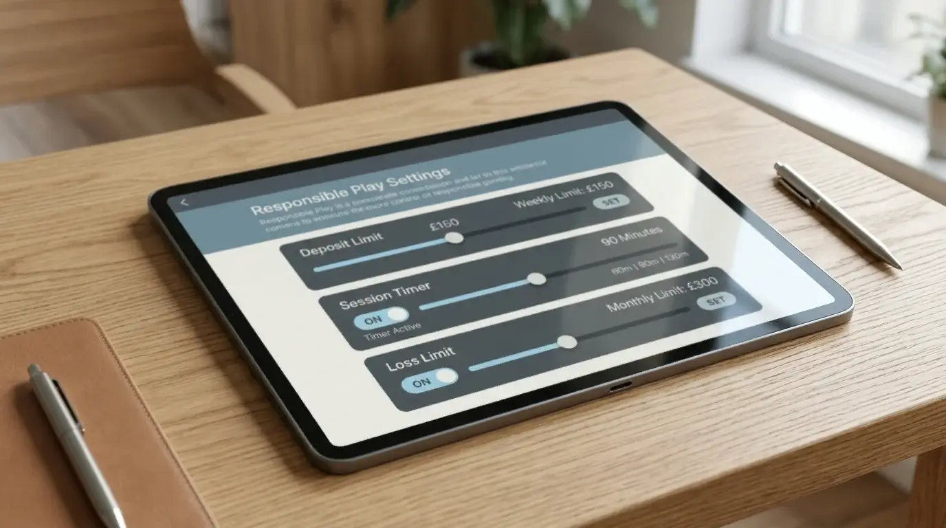 Tablet on desk displaying responsible-gambling settings panel with limit toggles