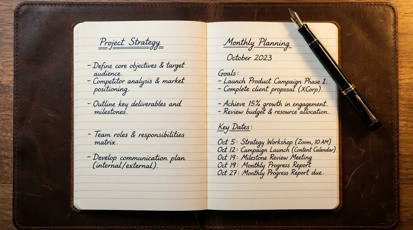 Open ruled notebook with handwritten session planning notes next to a black pen