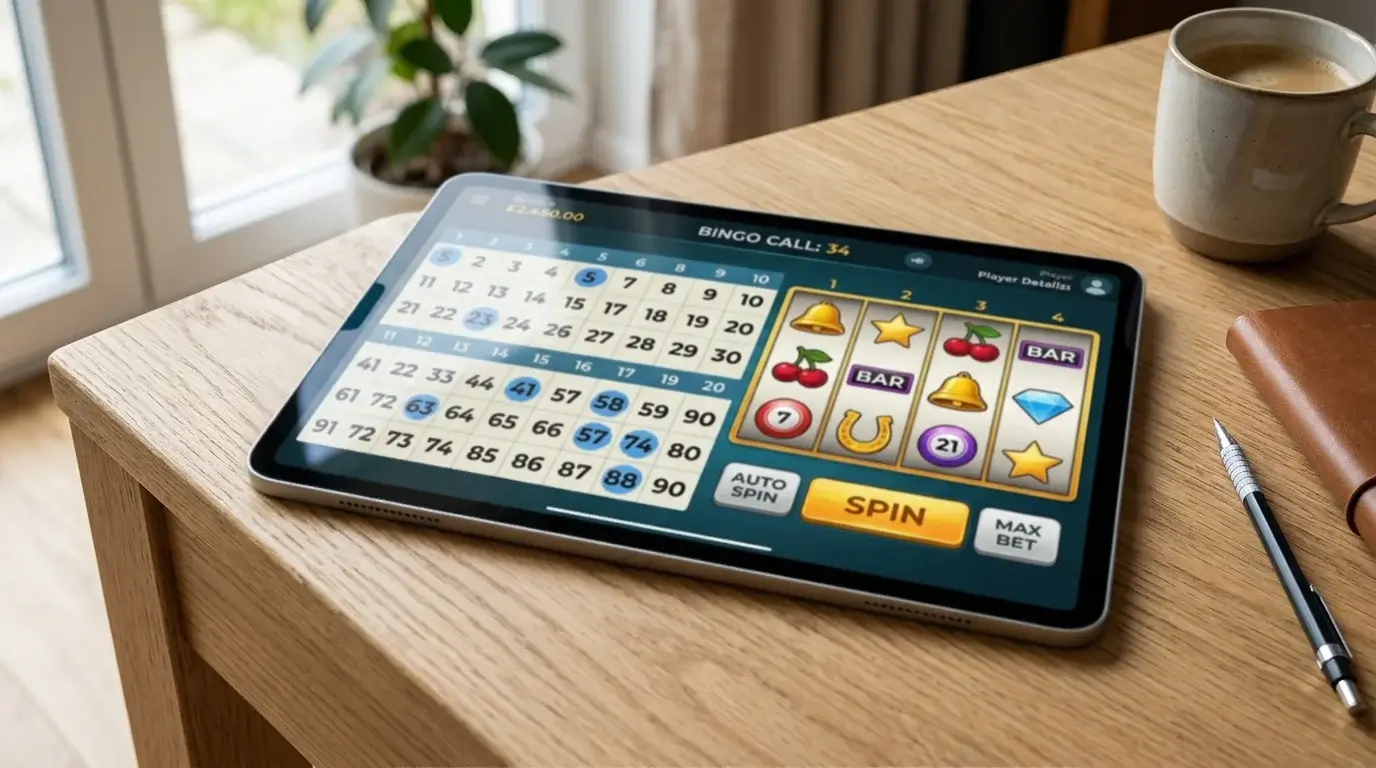 Tablet screen showing a hybrid bingo interface with a small slot panel alongside the bingo card