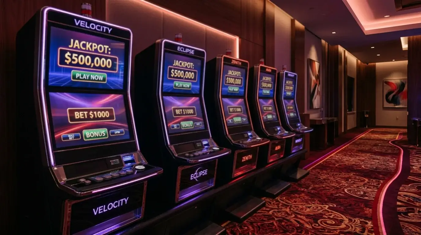 Row of glowing slot cabinets in an empty casino lobby seen down a quiet aisle