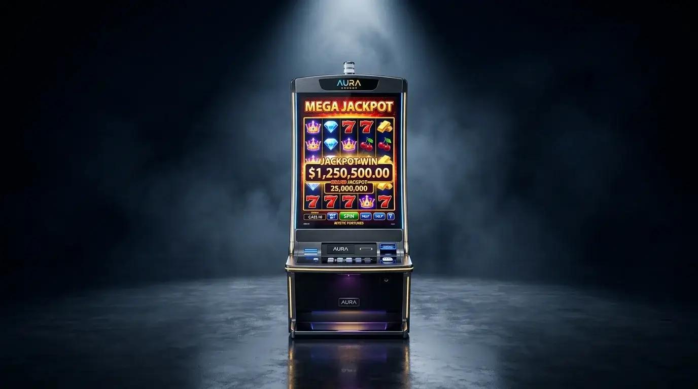 Single video slot cabinet under directional spotlight in a darkened editorial setting