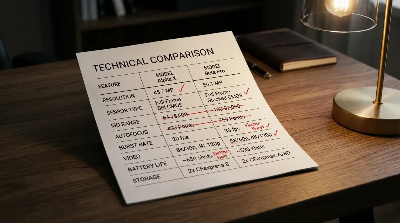 Printed product specification sheet for slot features lying on desk with red marker annotations