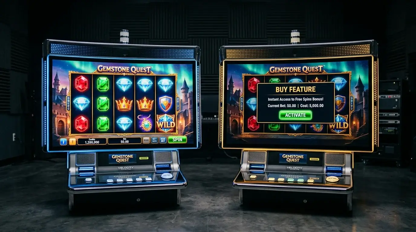 Two slot screens shown side by side displaying the same game with different feature panels