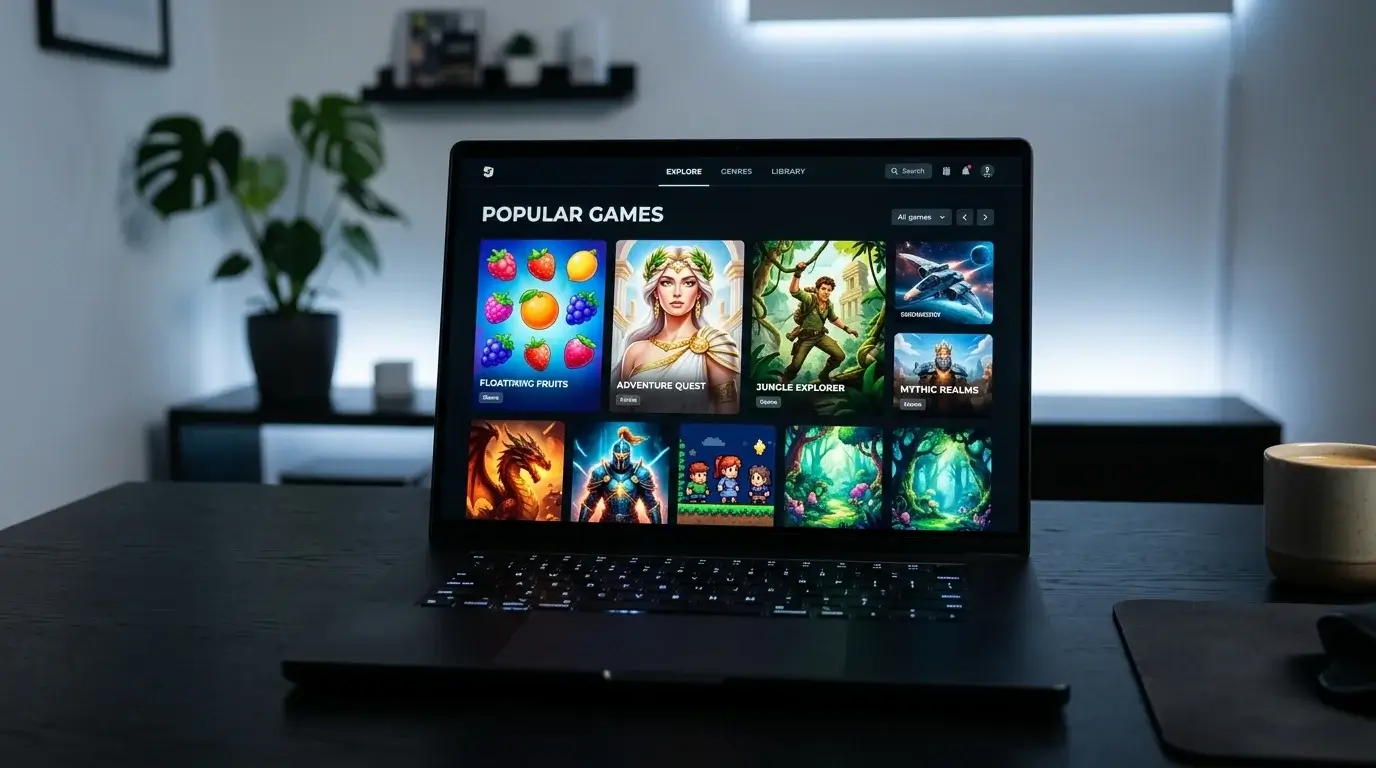 Casino slot lobby thumbnail grid on laptop screen with varied game artwork