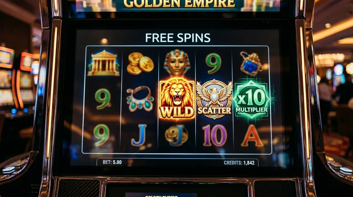 Slot reels behind a translucent feature-buy modal showing schematic free-spin icons