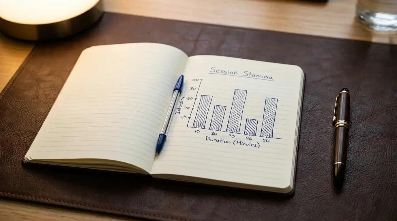 Open notebook with a simple bar chart sketched in pen — no numeric labels
