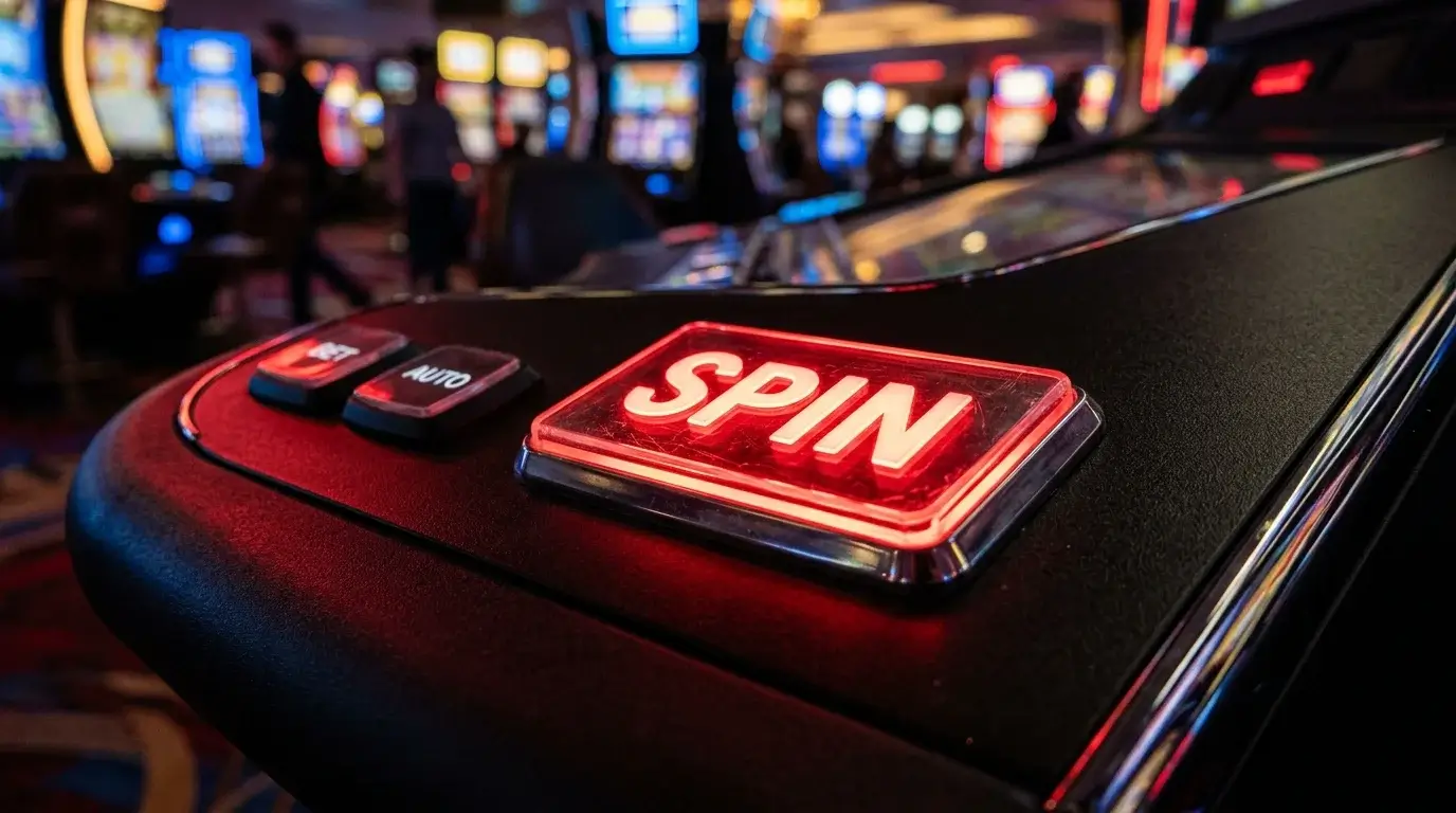 Close-up of a glowing red spin button on a slot machine cabinet ready for press
