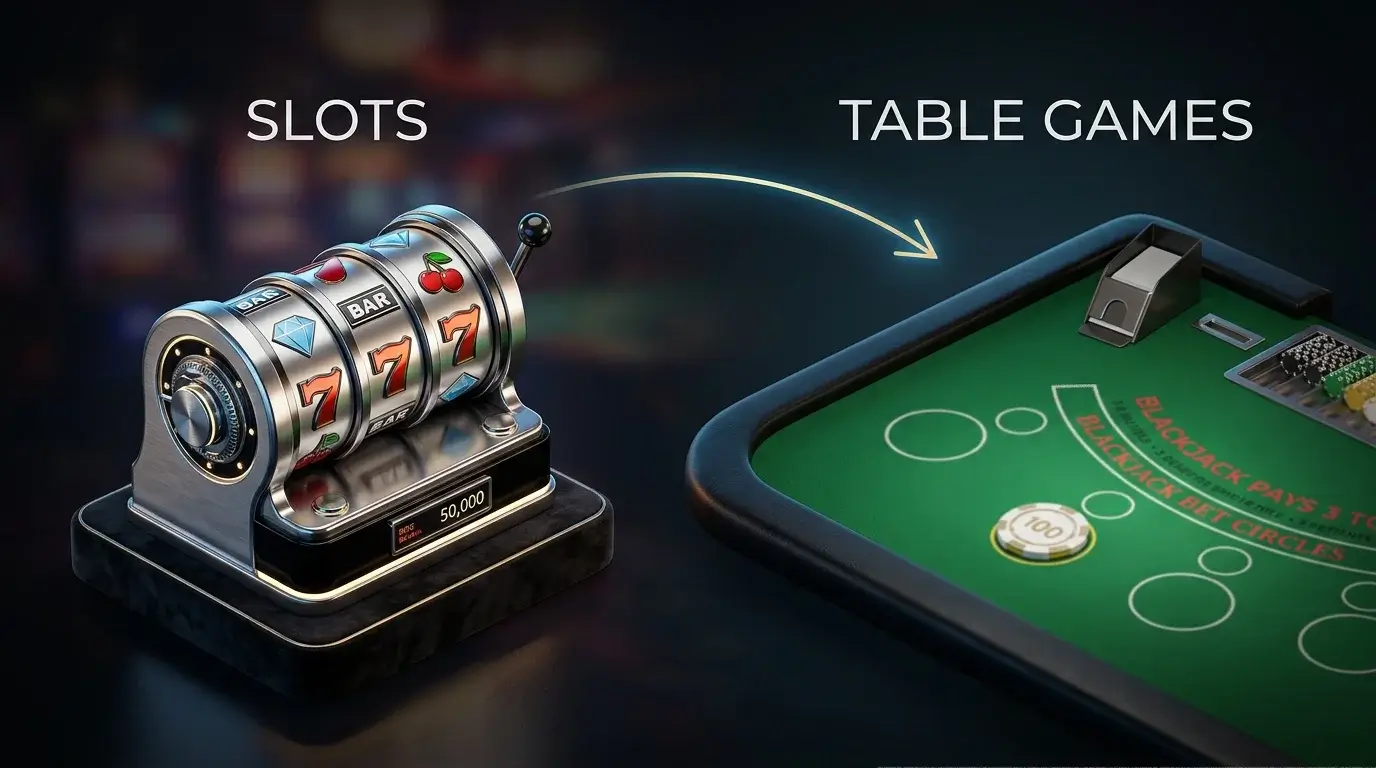 Slot machine reel icon and blackjack table icon side by side connected by a thin weighted arrow