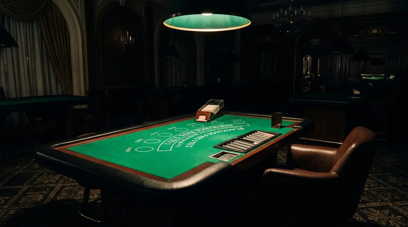 Single empty leather seat at a private blackjack table under spotlight with no players