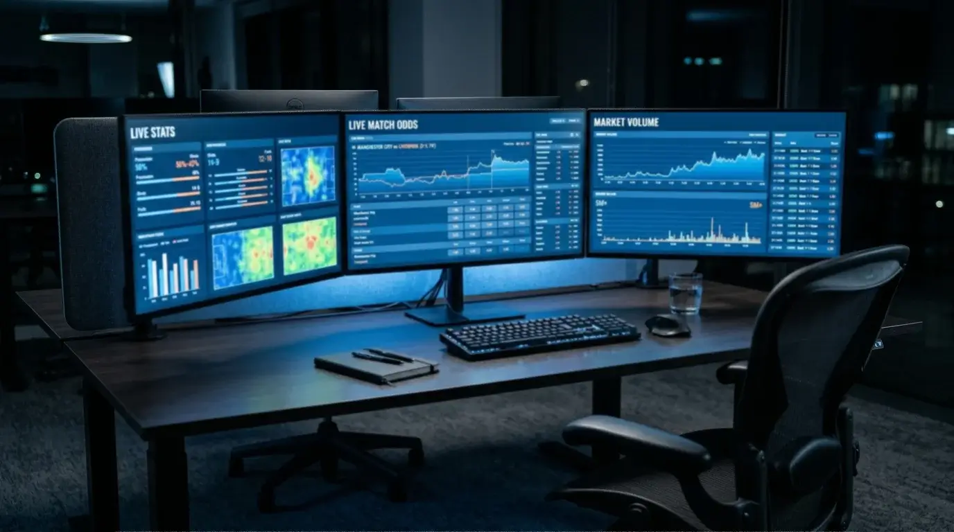 Multi-monitor sports trading workstation showing market feeds and an empty trader chair