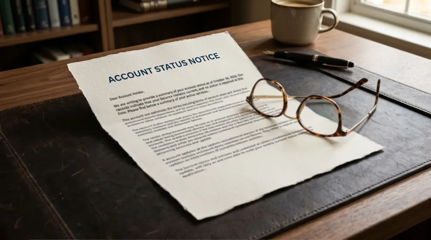 Printed account-status letter on a leather desk pad with reading glasses on top