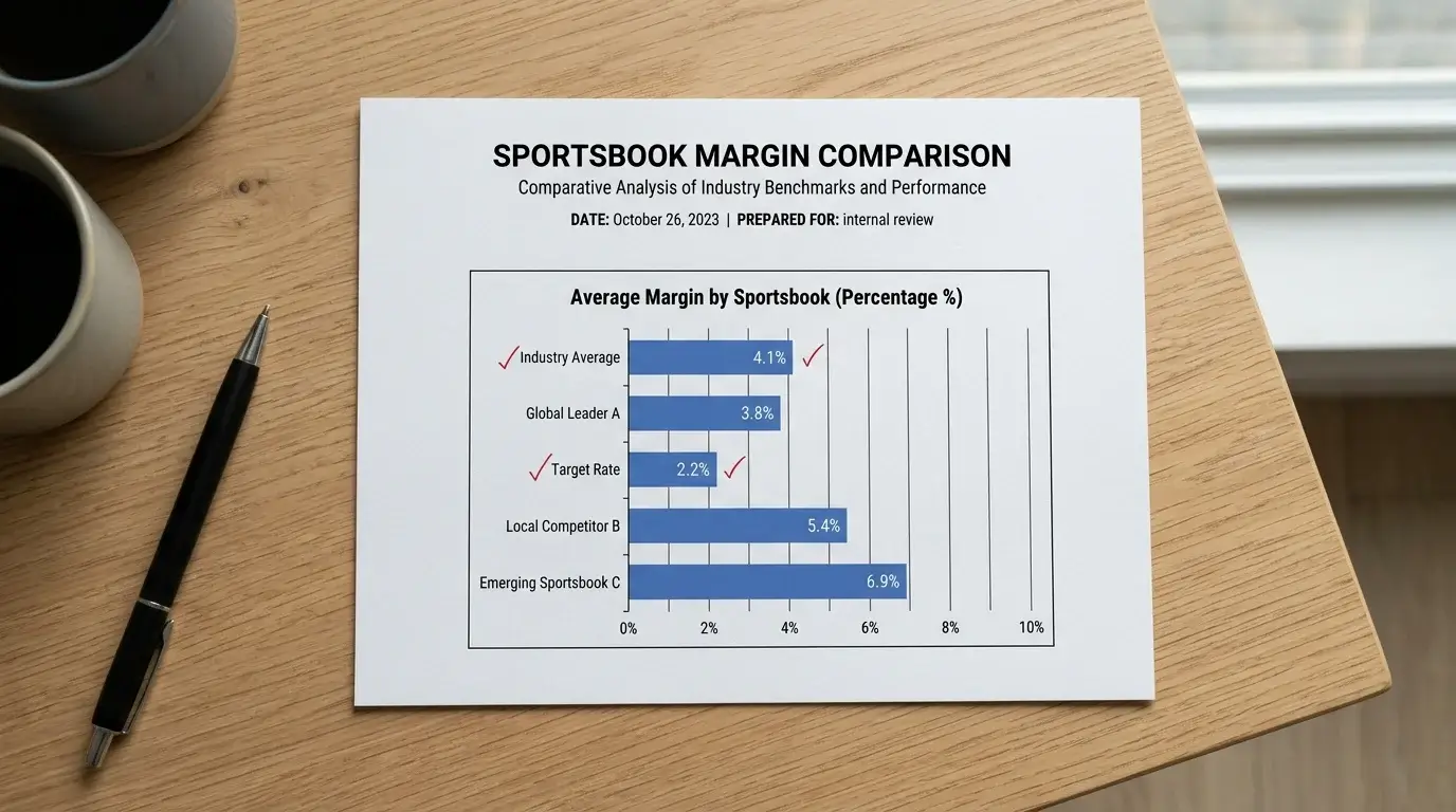 Printed bar-chart comparison of bookmaker margins on a clean white sheet with pen annotations