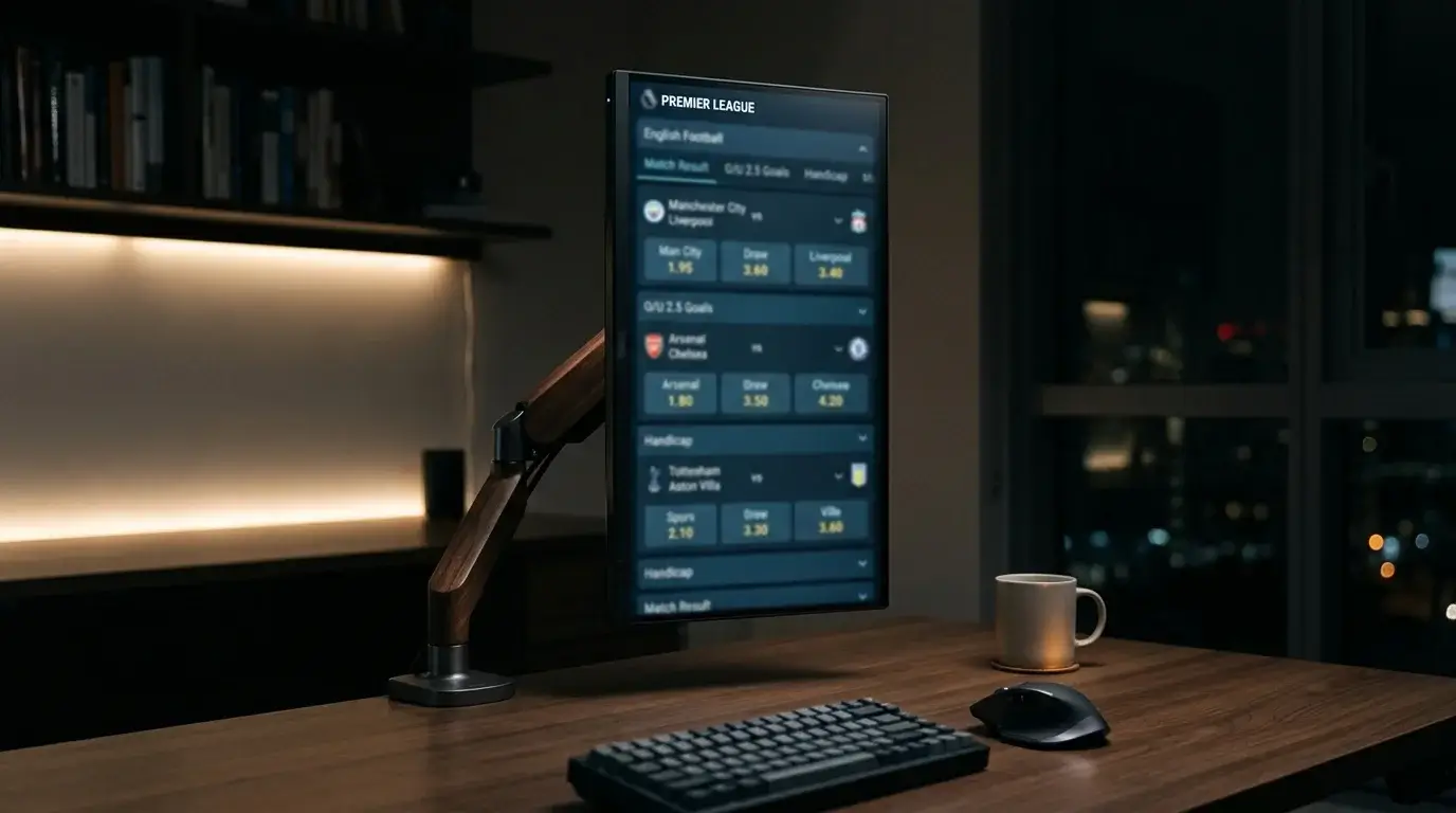 Monitor showing a long scrolling list of betting markets with sub-market expansion arrows