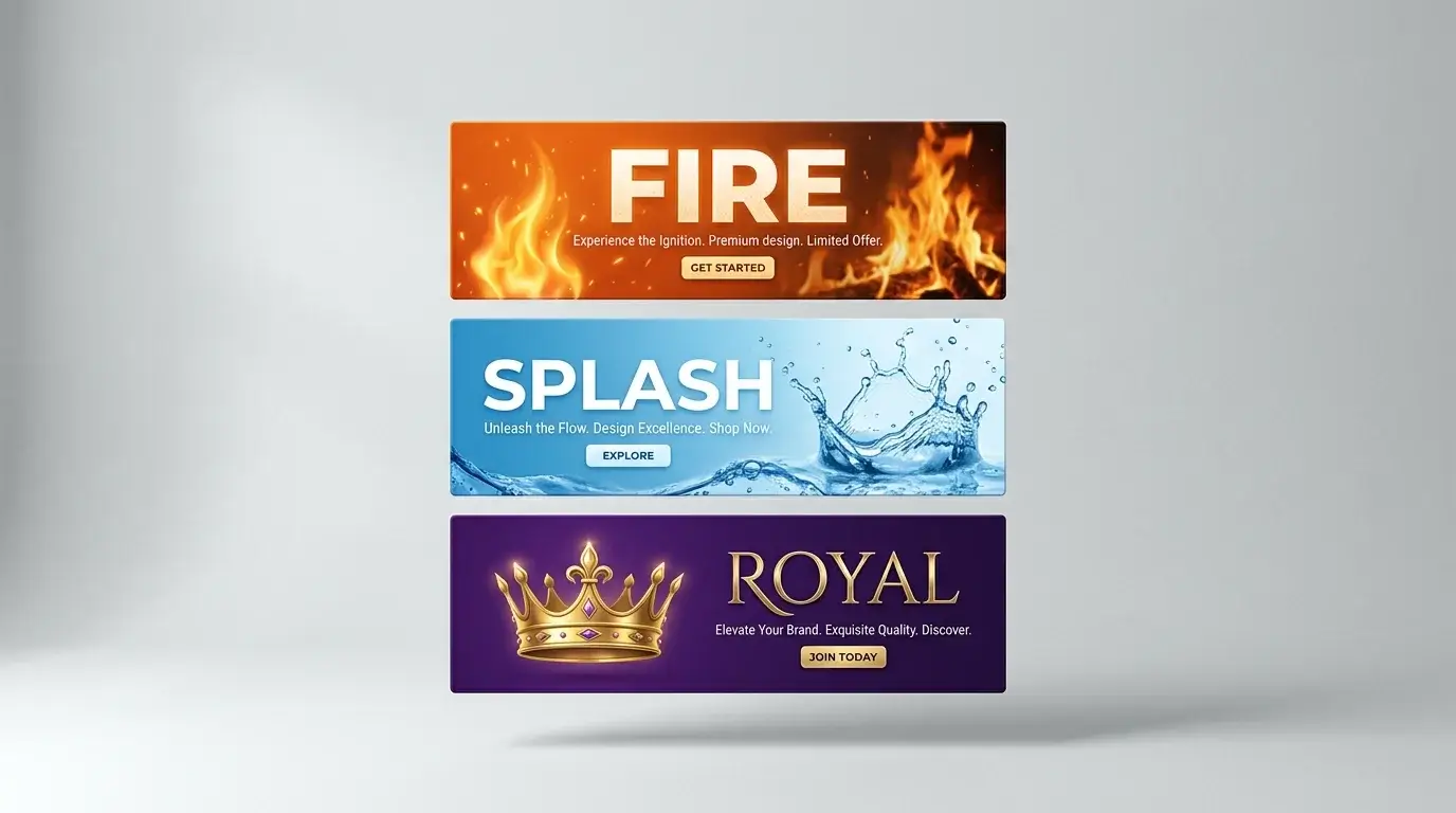 Three stylised promotional banners stacked vertically with distinct themed colour treatments