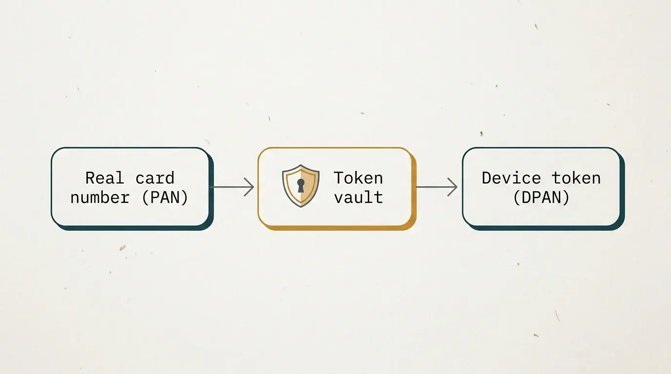 Clean diagram of the tokenisation flow turning a card PAN into a device DPAN