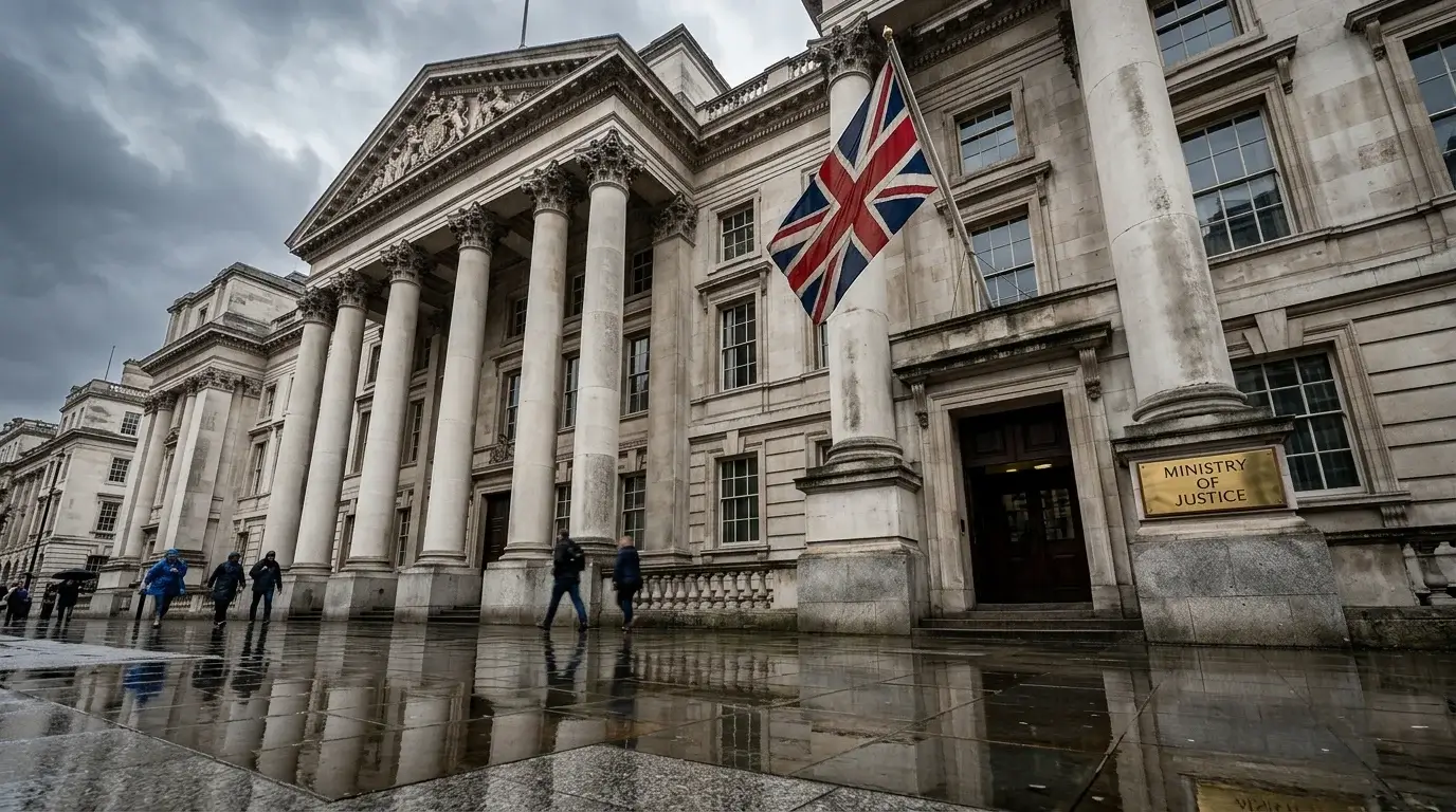 Stone facade of a British government building under an overcast London sky, with the Union flag in the background