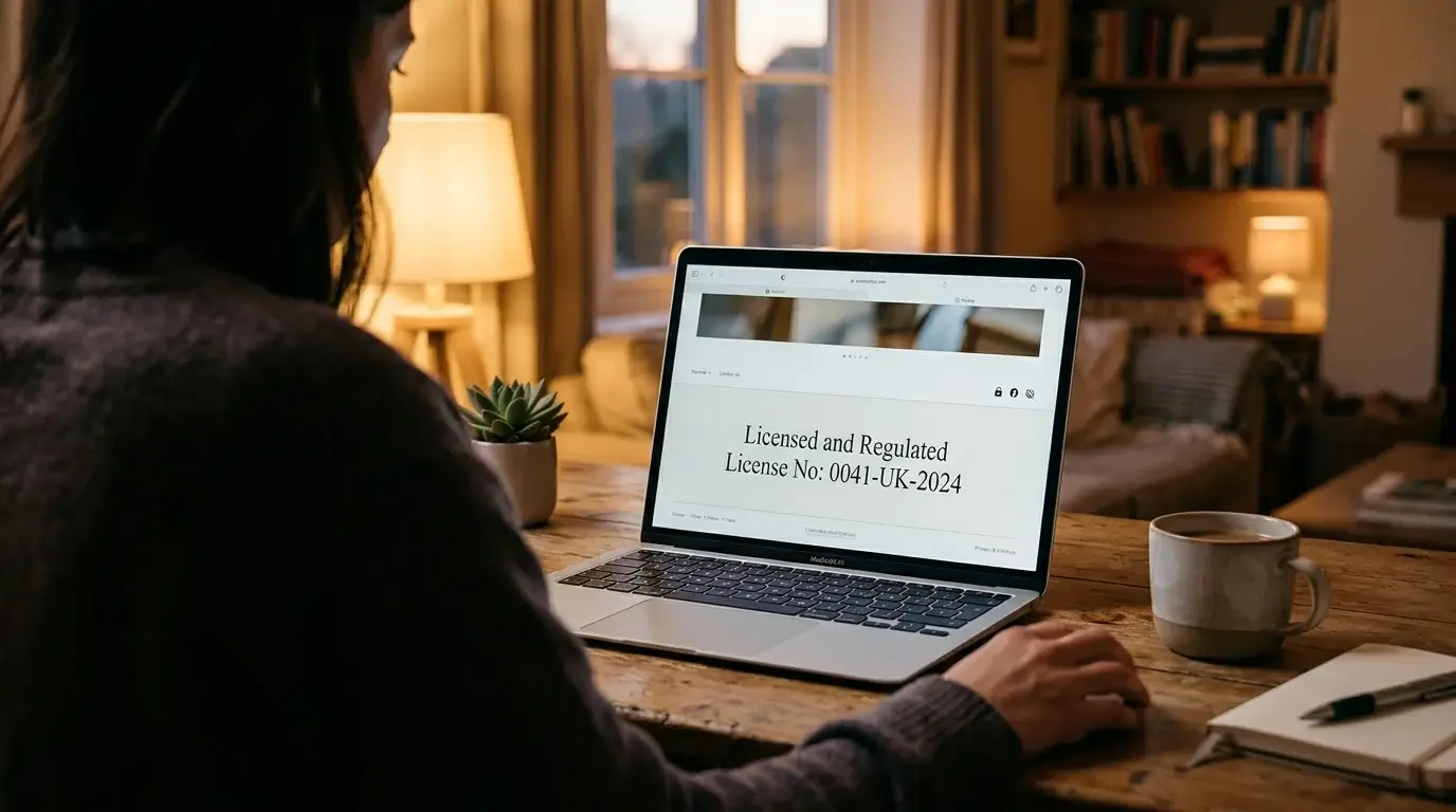 UK player examining a non-GamStop casino licence footer on a laptop screen