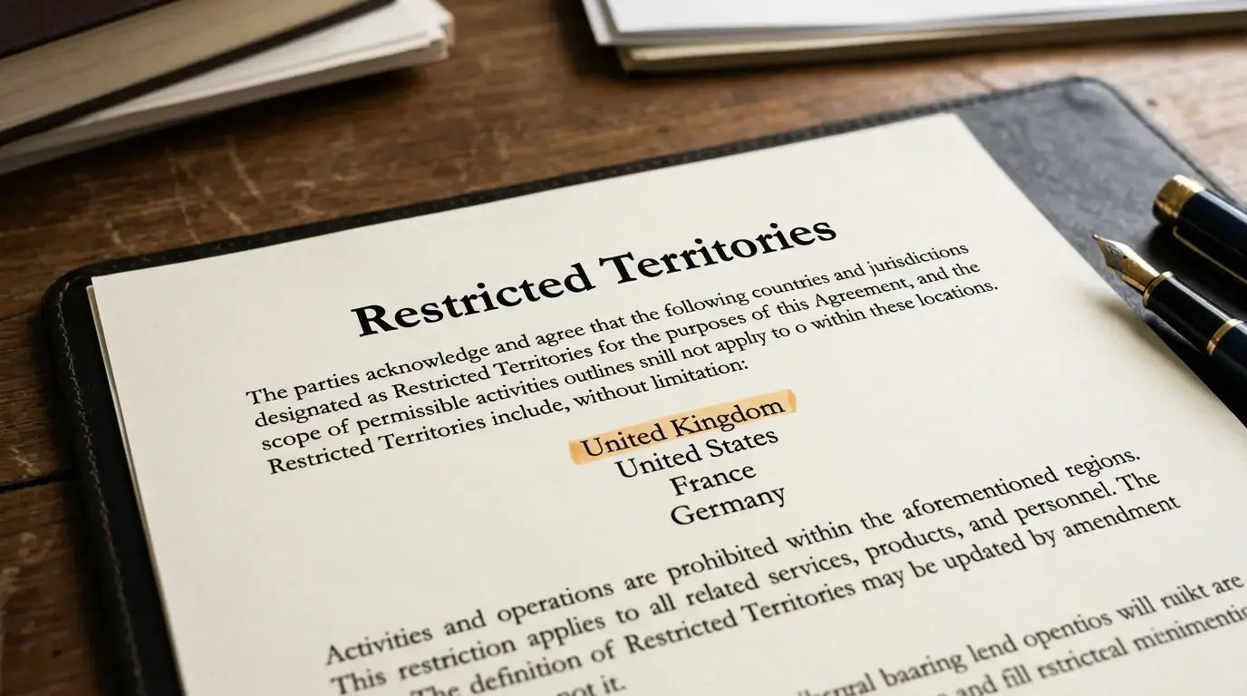 Restricted-territories paragraph in an offshore gaming licence highlighting the United Kingdom