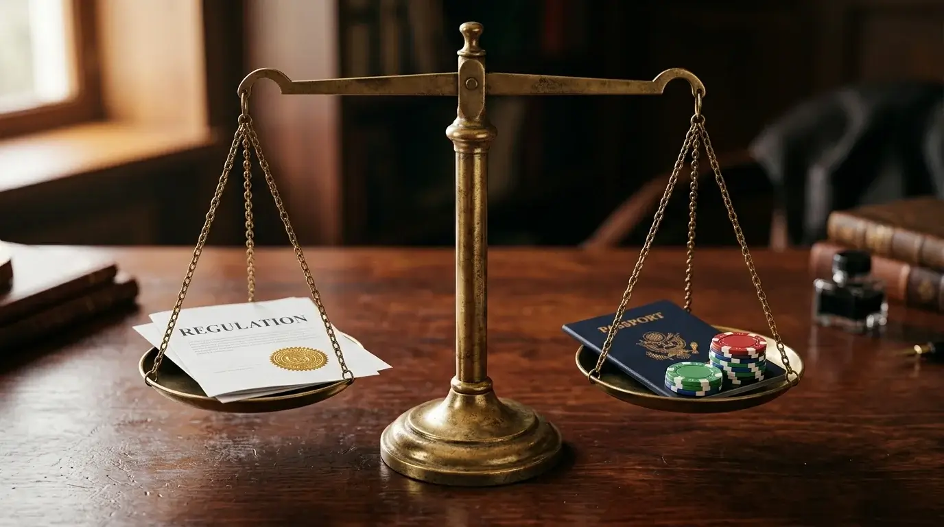 Old brass balance scale on a wooden desk with a printed regulatory document on one side and a passport on the other