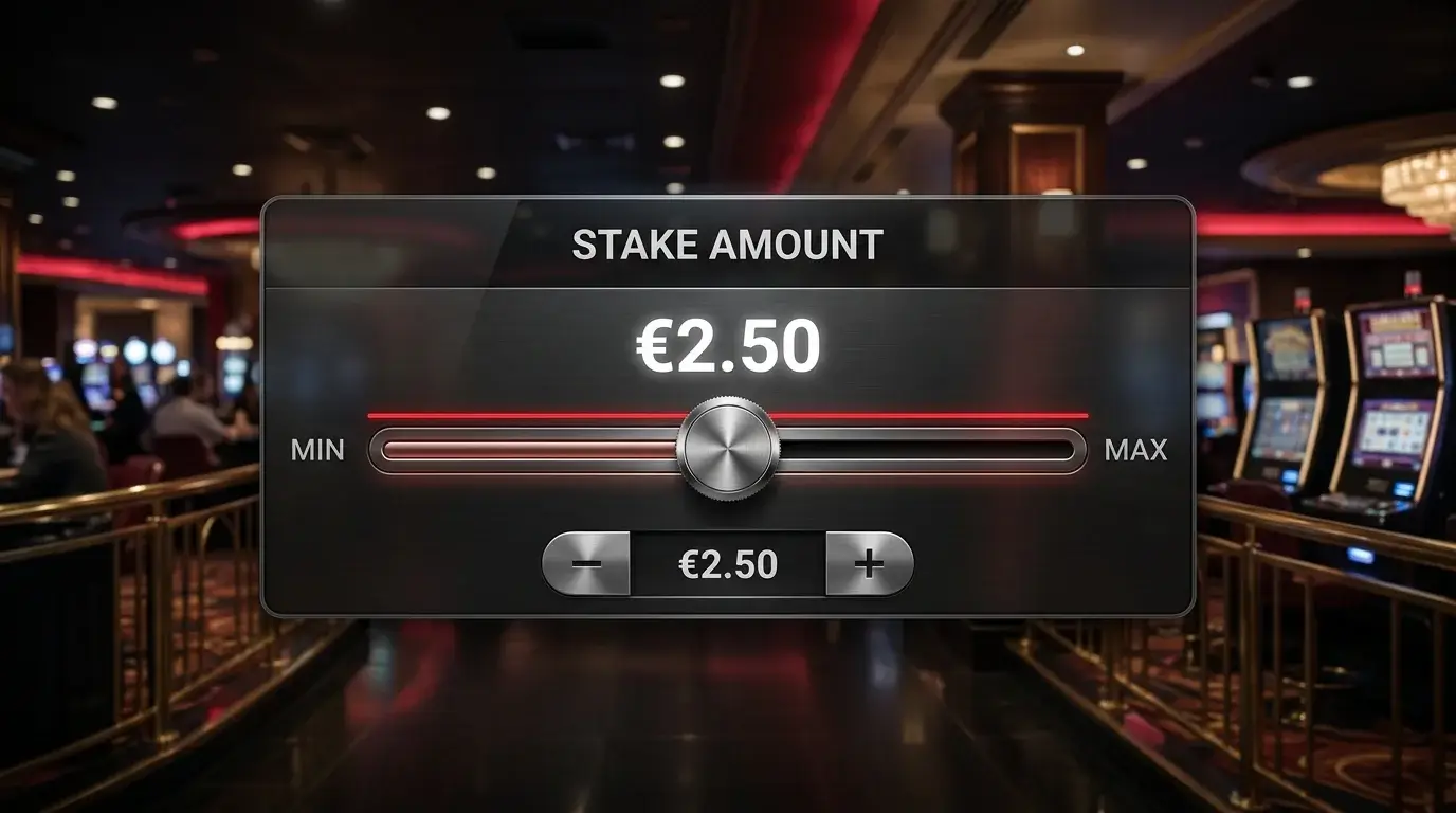 Online slot machine stake-selector with a horizontal cap line drawn above the maximum selectable amount