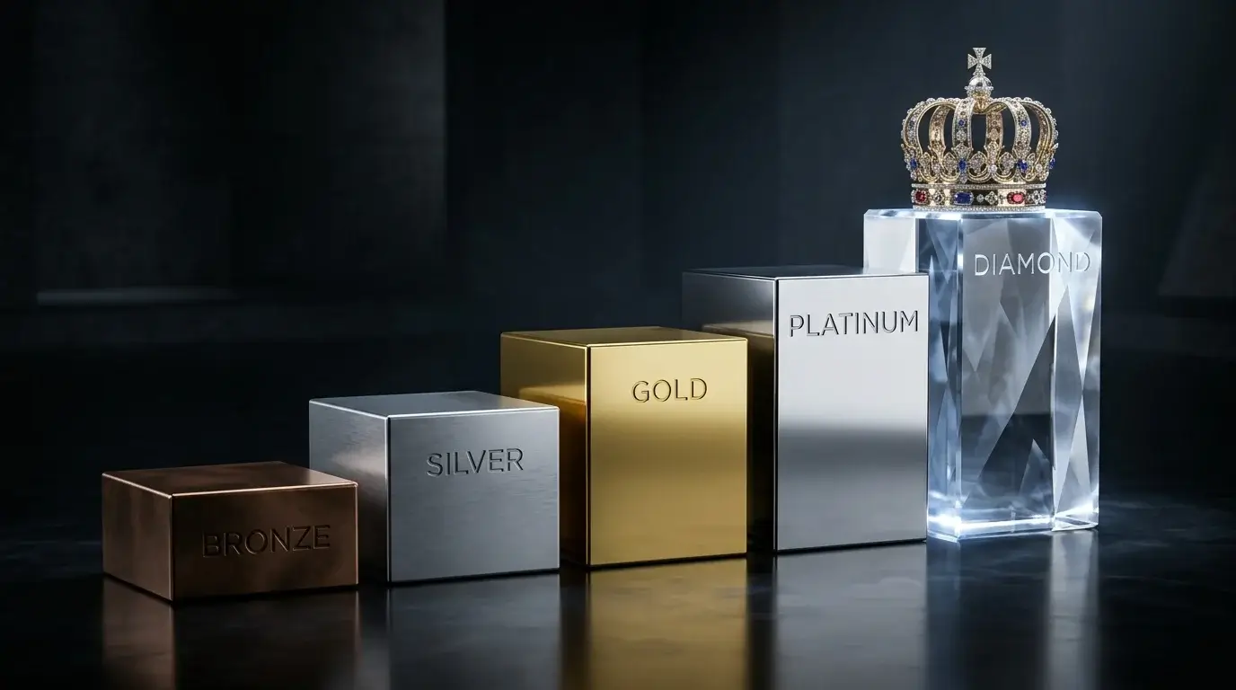 A staircase of five rising metallic plinths labelled by tier with a small crown on the top plinth