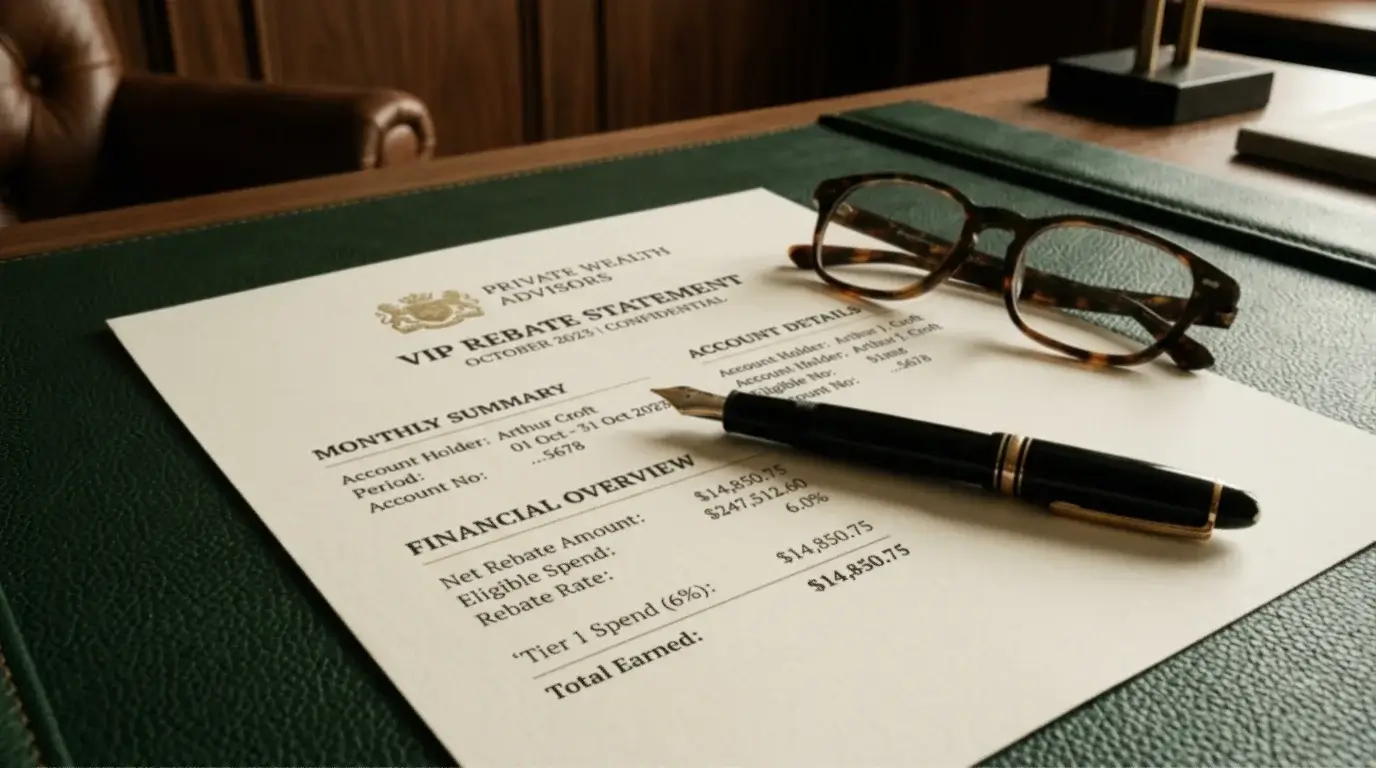 Printed loyalty rebate statement on leather desk pad with reading glasses and pen