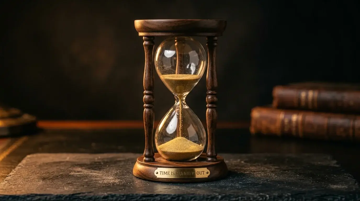 Wooden-framed hourglass with sand mid-flow on a dark slate surface lit from one side