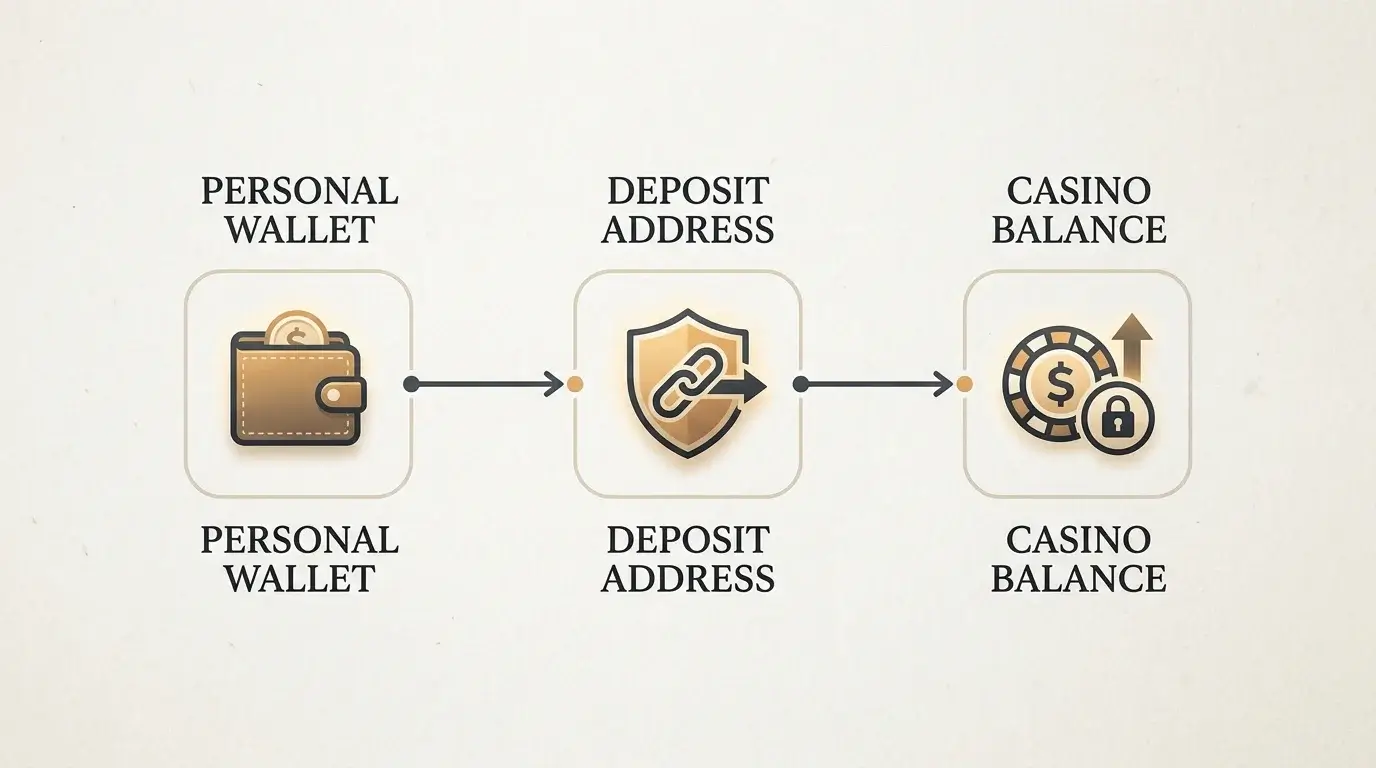 Step-by-step crypto deposit flow from a personal wallet to an offshore casino balance