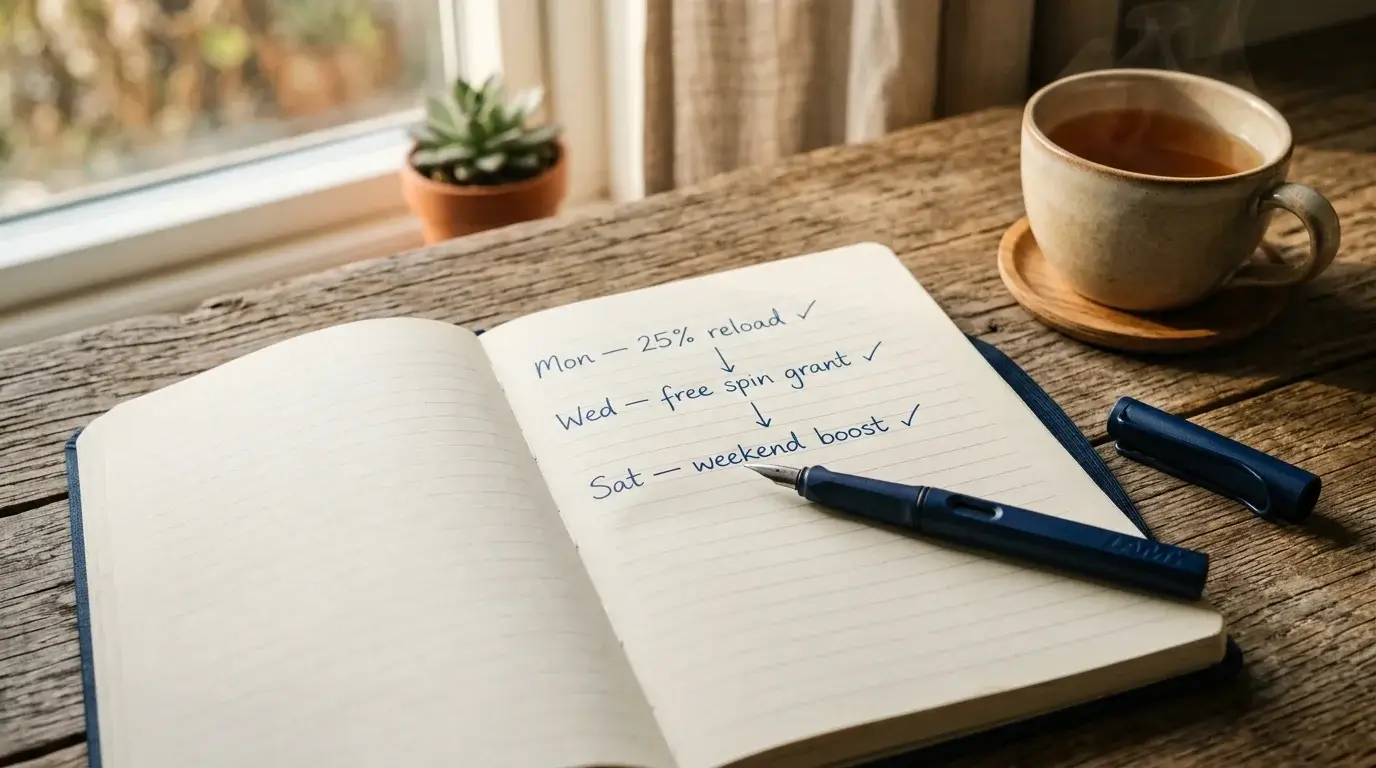 Player planning a week of reload bonus deposits in an open notebook, with notes on match percentages and wagering
