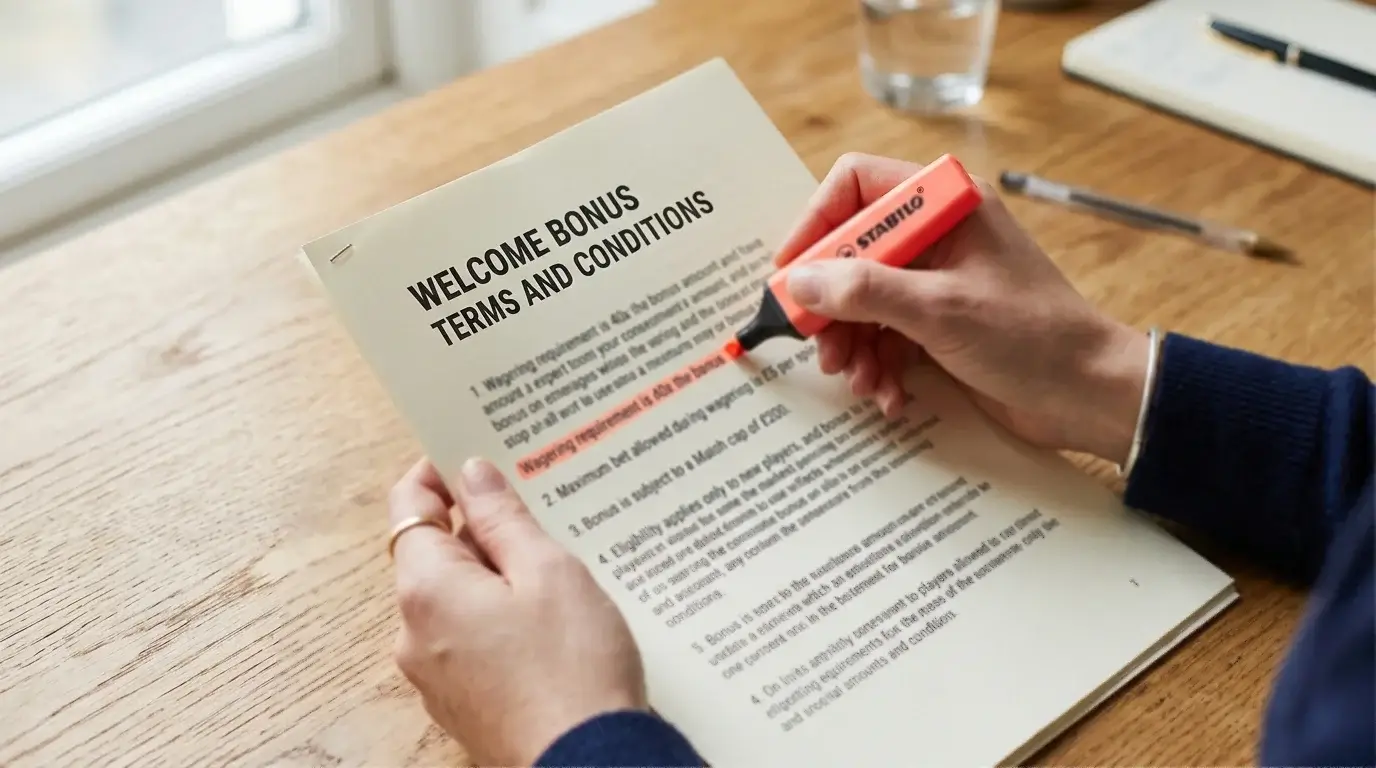 Hands marking up a welcome bonus terms and conditions document with key clauses on match, wagering and caps highlighted