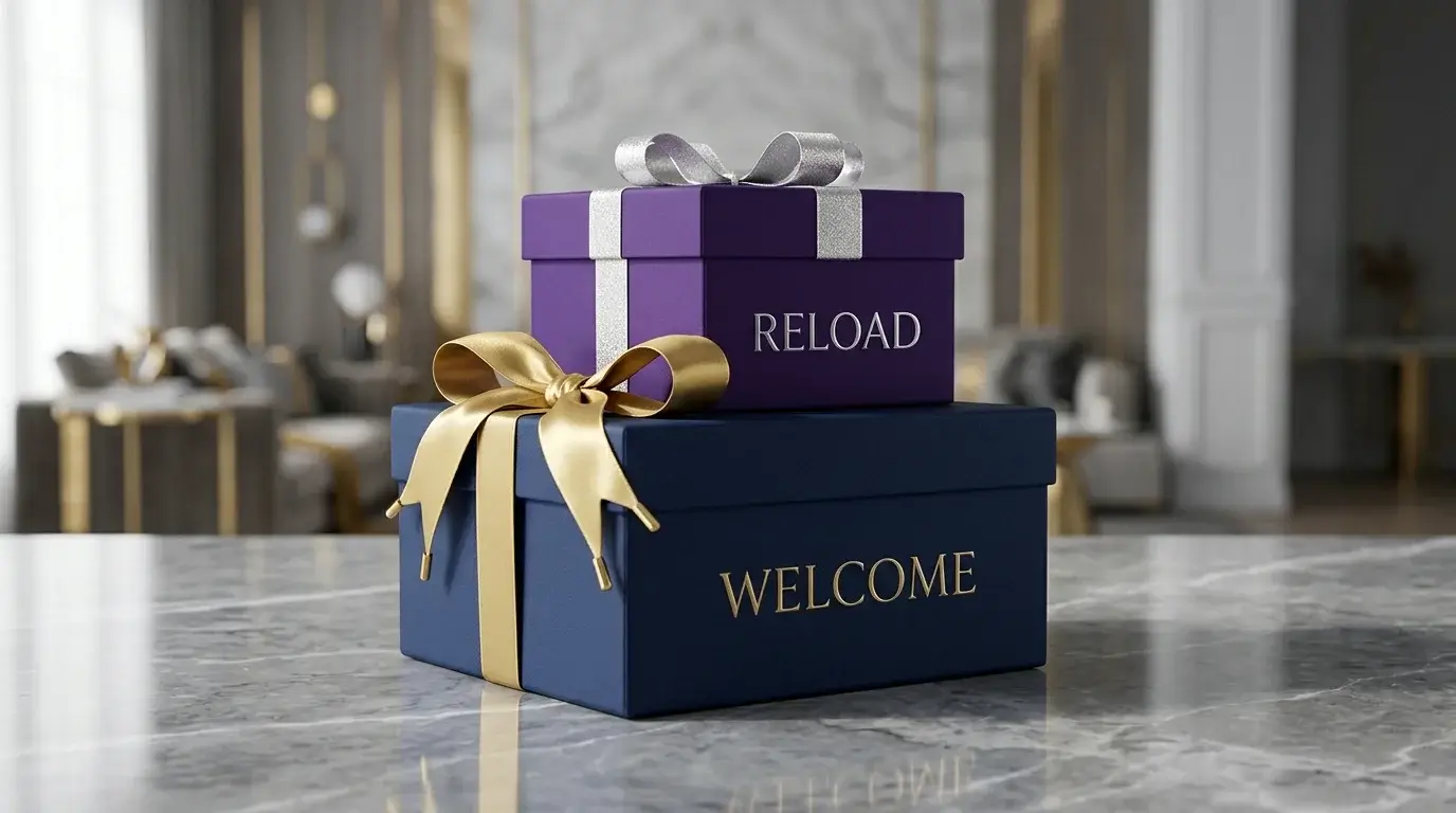 Two stylised gift boxes stacked one on top of the other, the lower larger representing the welcome package