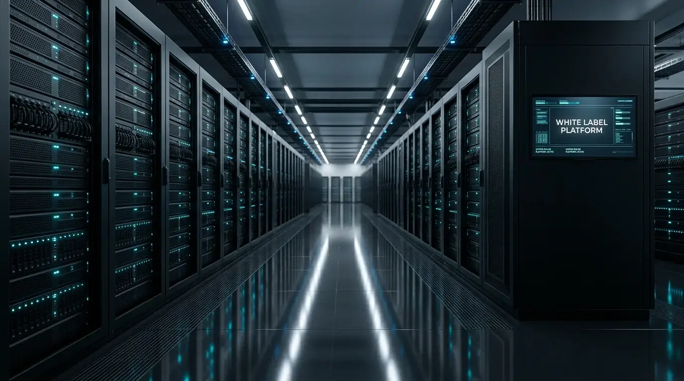 Server room with rows of clean server racks softly lit in blue ambient light
