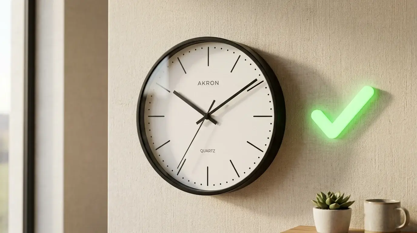Classic analogue wall clock face beside a stylised payout-success tick icon on a clean wall