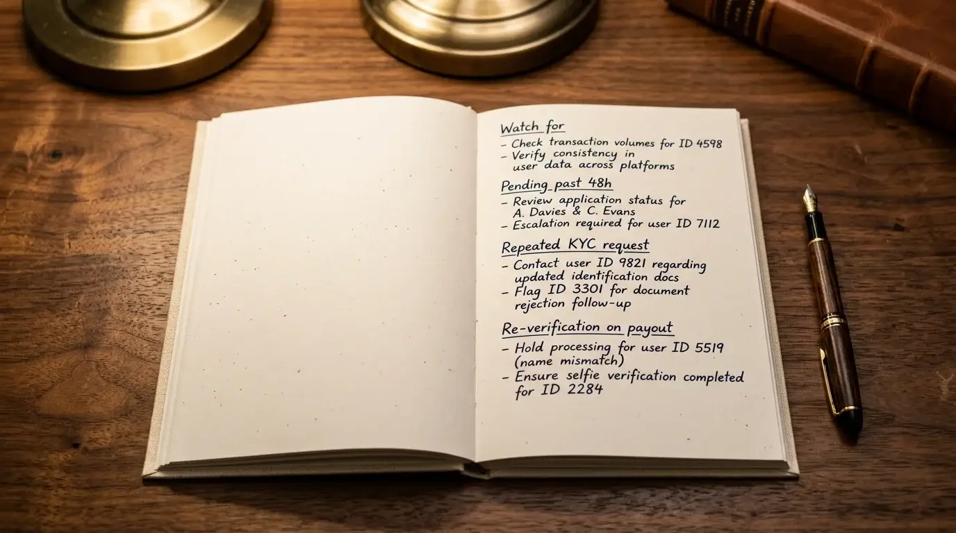 Open notebook with handwritten notes listing withdrawal red-flag signals