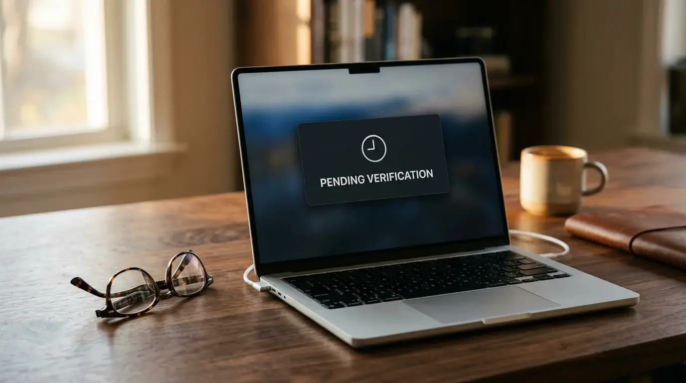 Laptop screen showing pending withdrawal status notification on minimalist banking-style interface