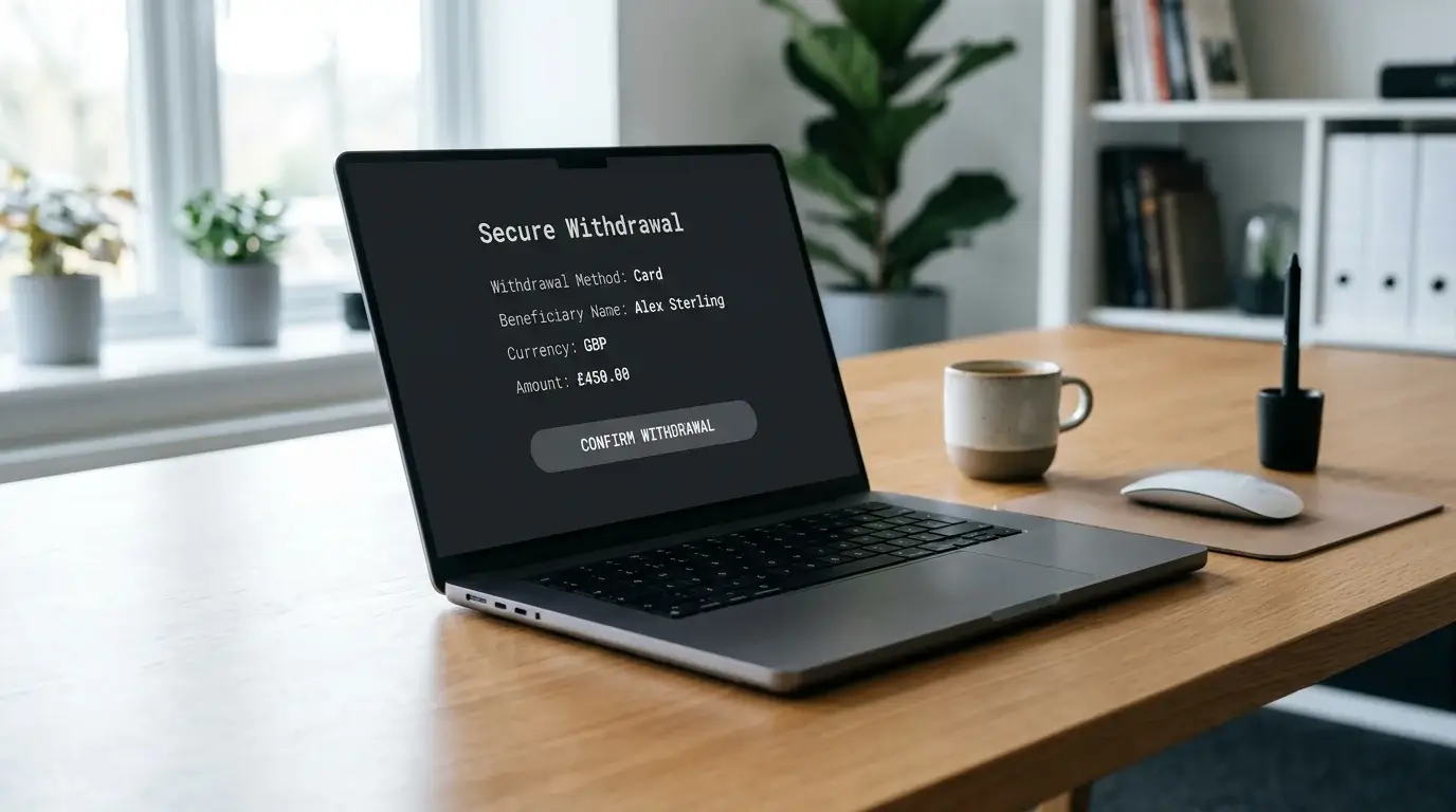 Casino cashier withdrawal screen targeting a generic UK debit card account