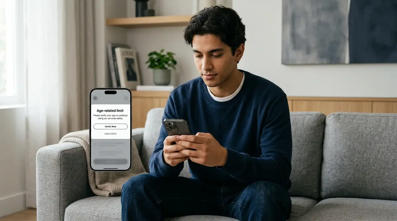 Young adult holding a smartphone displaying a responsible-gambling age-related notice on the screen